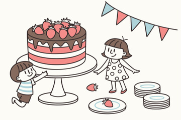 71 Cartoon children's birthday party, hand-drawn illustration, large chocolate cake with strawberries, colorful bunting flags, simple line art style, pastel colors, cute kids celebrating, cake on pede