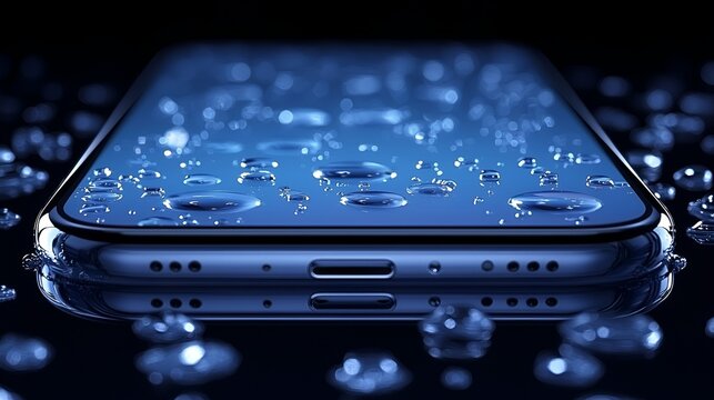 Water-resistant phone, droplets, dark background