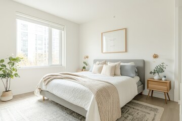 A minimalist bedroom with white walls, a grey bed frame, and light blue accents. A beige knitted blanket hangs over the edge of the solid grey double bed