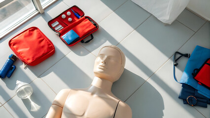 basic CPR training resuscitation emergency breathing A training dummy is surrounded by medical kits and equipment in a bright room.