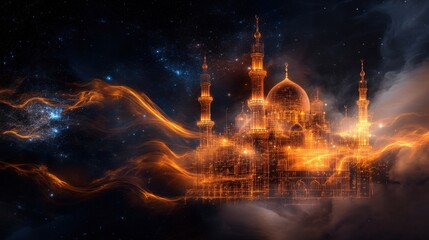 Majestic temple illumination fantasy realm digital art ethereal landscape nighttime mystical beauty