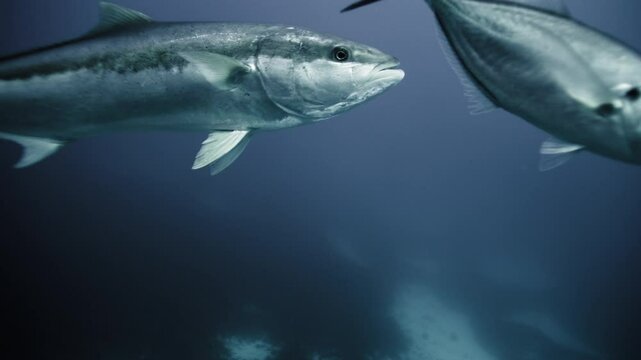 Yellowtail kingfish swims gracefully through the ocean, its sleek body reflecting light in slow motion