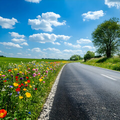 Sunny road wildflowers summer countryside travel
