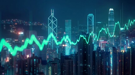 Fototapeta premium Financial Growth Chart Overlayed on Cityscape at Night with Neon Light