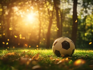 A soccer ball rests on green grass in a sunny autumn landscape