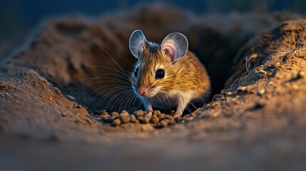 A curious mouse peeking out of its burrow at dusk, surrounded by scattered food, in a serene landscape