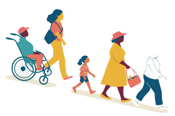 72 Colorful line drawing, diverse group of people, various ages and body types, different outfits and accessories, walking poses, wheelchair user, bicycle rider, pregnant woman, children, elderly, cas