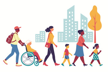 73 Cartoon illustration, diverse group of people, office workspace, long desk, computer monitors, laptops, papers scattered, colorful characters, minimalist drawing style, simple lines, quirky facial 