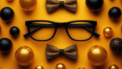 Festive Fathers Day Celebration Decoration with Yellow Balloons and Bow Ties on Vibrant Background