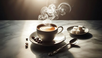 Exquisite Hot Coffee Cup with Steam and Sugar Cubes