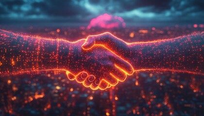 Futuristic Handshake Business Partnership Holographic Technology Agreement Cloud Virtual Connectivity