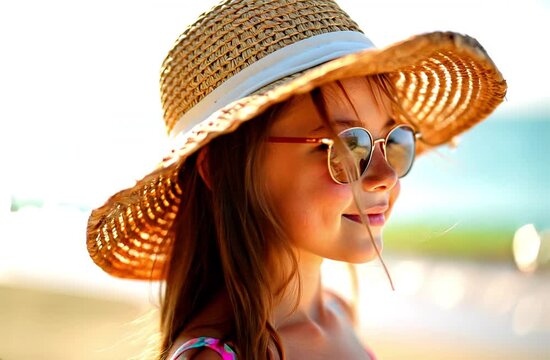 Portrait of a little girl with a straw hat and sunglasses on a summer day