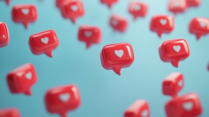 "3D Rendering of Social Media Icons: Falling Like, Comment, and Follow Symbols"