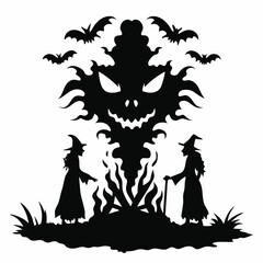 Fototapeta premium Witches summoning fiery spirit with bats icon