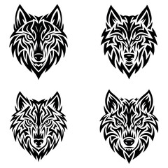 Four Tribal Wolf Heads Silhouette 