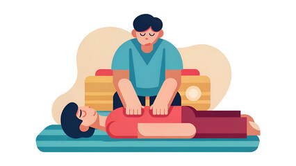 basic CPR training resuscitation Illustration of a person performing CPR on another, emphasizing first aid and medical assistance.
