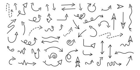 Set of hand drawn arrows on isolated white background. Vector design elements.