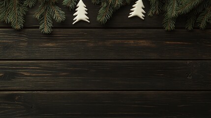 Festive fir branches frame wood; winter holiday background
