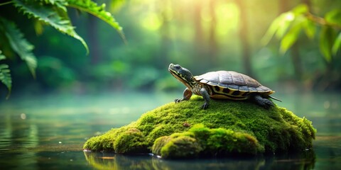 Obraz premium A Serene Turtle Resting on Mossy Rock in a Tranquil Pond, Bathed in Soft Sunlight