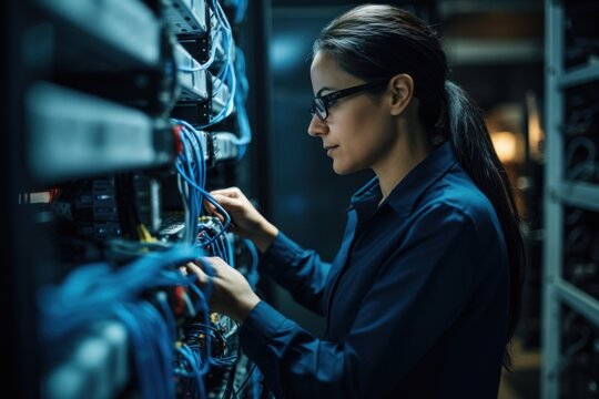 Server room technician examining computer.