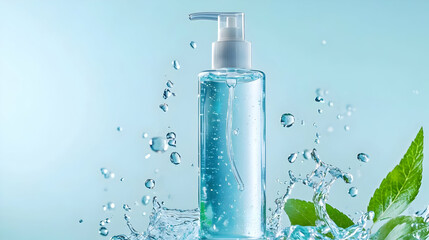 Clear Bottle with Pump Dispenser Surrounded by Water Drops