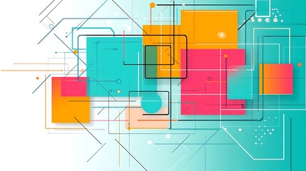 Colorful geometric shapes with connected lines and white background