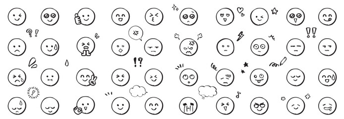 ペンで手描きしたアイコン「にこちゃんマーク」モノクロ喜怒哀楽表情セット＿顔・吹き出し・記号・文字なし
