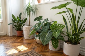 Lush indoor jungle thrives in stylish home, showcasing parquet floors and corner plant decor.
