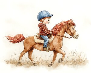 Boy riding pony with autumn field.