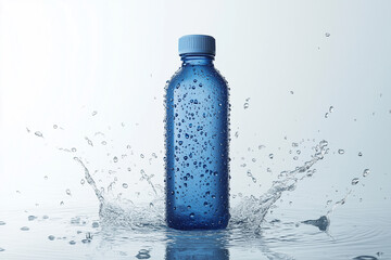 A transparent blue water bottle with water splashing around it, set against a white background, emphasizing hydration, purity, and refreshment.