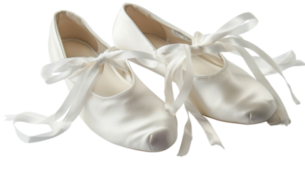 Pair of elegant white satin wedding shoes with silk ribbons on transparent background