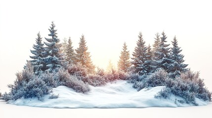 Naklejka premium A serene snow covered winter landscape with evergreen trees and shrubs