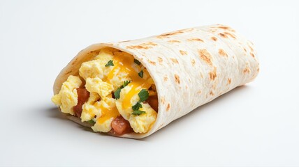 Delicious breakfast burrito with scrambled eggs, cheese, and fresh herbs in a warm tortilla on a white background.