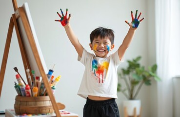 Happy Asian boy paints at home. Smiling child with painted hands and face. Creative kid artist enjoys art, colorful splashes on t-shirt, white room interior. Art supplies on easel.