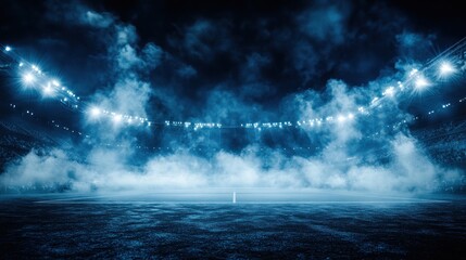 Fototapeta premium Dark stadium at night with bright lights and fog.