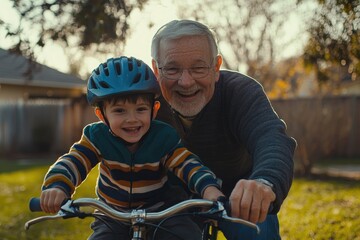 Fototapeta premium An elderly man with white hair and glasses is teaching his young son how to ride an electric bike in the park, both wearing helmets on their heads
