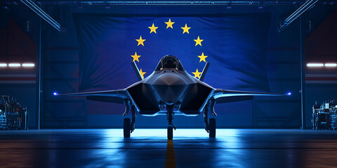 A state of the art fighter jet stands air force hangar. Behind it the European Union EU flag creates a powerful backdrop, Europe arming defense concept background
