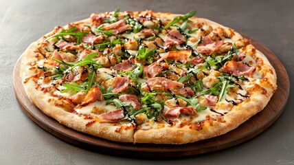 Delicious gourmet pizza topped with fresh vegetables and meats on a wooden board.