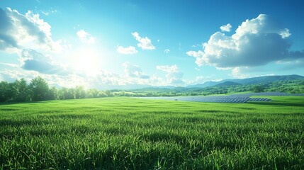 Obraz premium Scenic View of Vast Solar Farm with Neatly Arranged Solar Panels in Green Fields, Eco-Friendly Power Plant