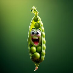 Smiling green pea character peeking out from a vibrant pea pod against a soft green background