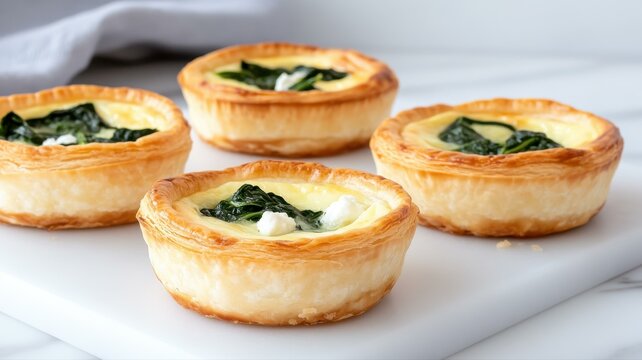 Delicious mini spinach and cheese quiches on a white board, perfect for a light snack or appetizer.