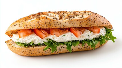 Delicious sandwich with creamy filling, fresh lettuce, and ripe tomatoes on a seeded baguette, perfect for lunch.