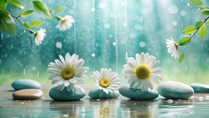 Serene Rain Daisies and Smooth Stones Reflecting Tranquil Beauty in a Gentle Shower