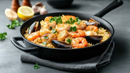 Delicious seafood paella in a skillet with shrimp, mussels, and lemon garnish, perfect for culinary inspiration.