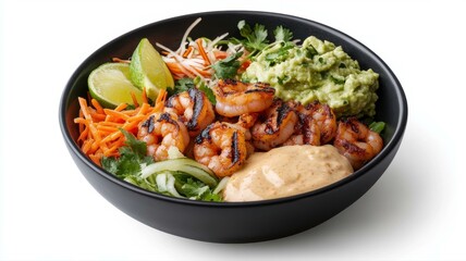 Delicious shrimp salad bowl with guacamole, veggies, and sauce, perfect for a healthy meal.