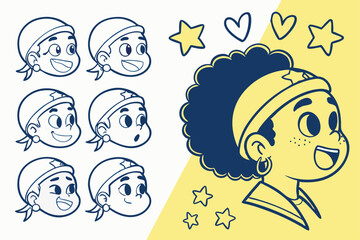 77 Cartoon faces, diverse hairstyles, minimalist illustrations, blue and yellow color palette, quirky expressions, round heads, simple line drawings, various ethnicities, stylized features, emoticons,