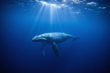 Fototapeta premium blue whale swimming in the ocean with its mouth open