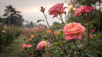 Overgrown roses whisper forgotten stories in a double-exposed enchanted garden, brimming with magical blooms.