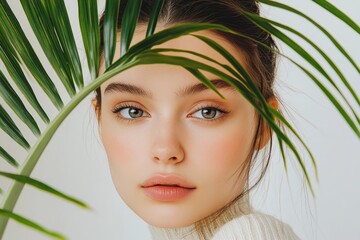 Fototapeta premium a brunette model with a plant in front of her face, against a white background and minimalistic palm leaves