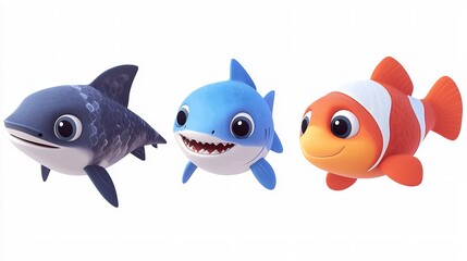 Obraz premium Set of cartoon aquarium or sea fish and baby shark
